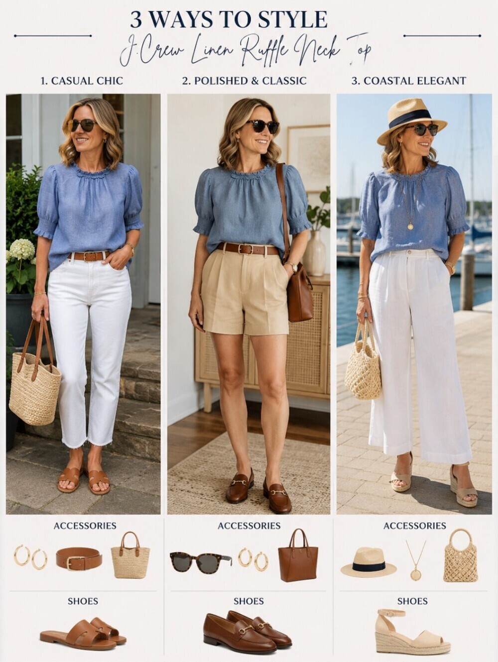 J. Crew Linen Light Blue Top with Ruffled Neckline And Smocked Puff Sleeves M
